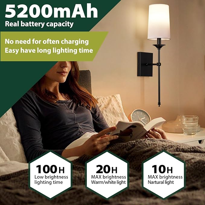 TERLEENART Rechargeable Battery Operated Wall Sconces Set of 2,Easy to Install Cordless Wall Lamps with Bulbs and Remote, Dimmable Black Wall Sconce for Living Room Decor