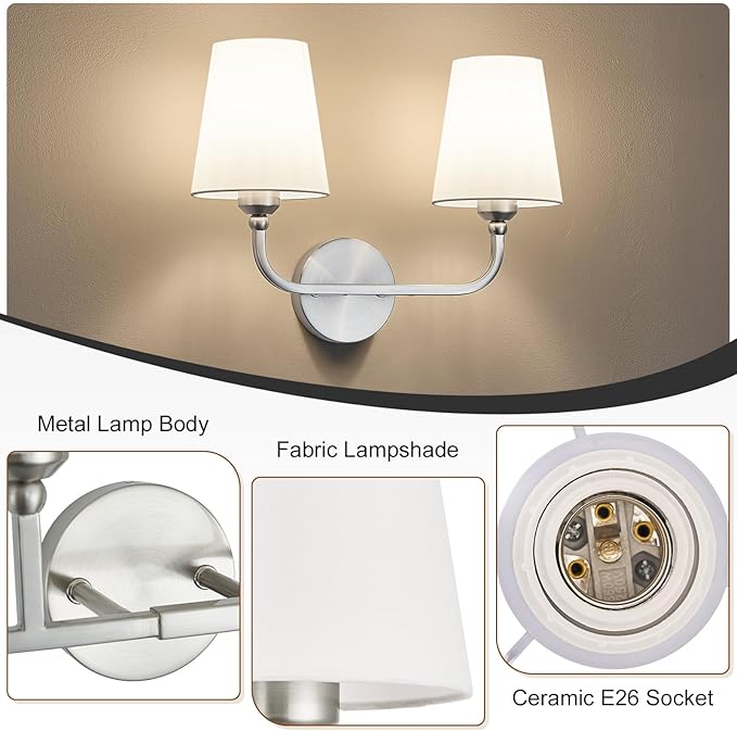 Brushed Nickel Bathroom Light Fixtures,2-Light Vanity Lights,Bathroom Lighting Fixtures Over Mirror with Flared White Fabric Shade,Modern Wall Sconce for Mirror Hallway Bedroom Living Room(ETL Listed)