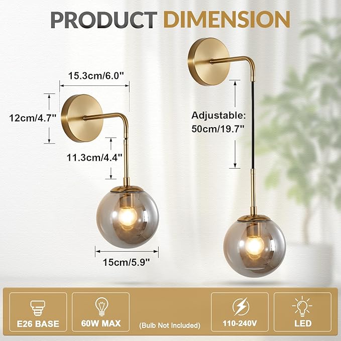 BOKT Mid Century Modern Wall Sconce Gold Wall Sconce Light Smoke Gray Glass Round Wall Lighting Fixture Brushed Brass Minimalist Adjustable Bar Wall Lamp (Gold+Smoky Grey)