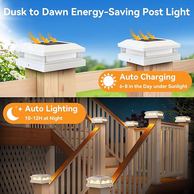 8-Pack Solar Post Cap Lights Outdoor, Waterproof Solar Powered Deck Lights for 4x4 4.5x4.5 5x5 Wooden/Vinyl Post, Outside White Fence Light with 16LEDs Warm/Cool Lighting in Garden, Patio, Porch