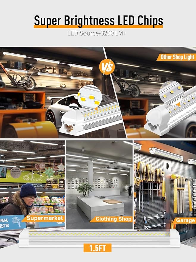 LED Shop Light, 25W 3750LM 6000K Super Bright, Plug and Play, Linkable Utility Shop Lights for Garage, Cabinet, Workbench, Workshop (6 Pack)