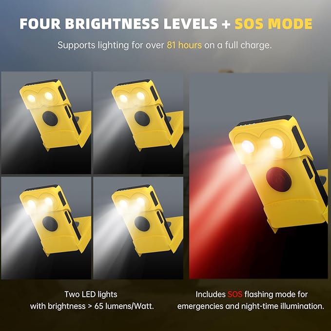 EYONGPV OWL-CSP Upgraded 2-in-1 Solar Emergency Lantern & Portable Solar Charger, Rechargeable LED Camping Light with 18W PD Fast Charging, 4 Modes & SOS for Power Outages & Outdoor Use (Yellow)