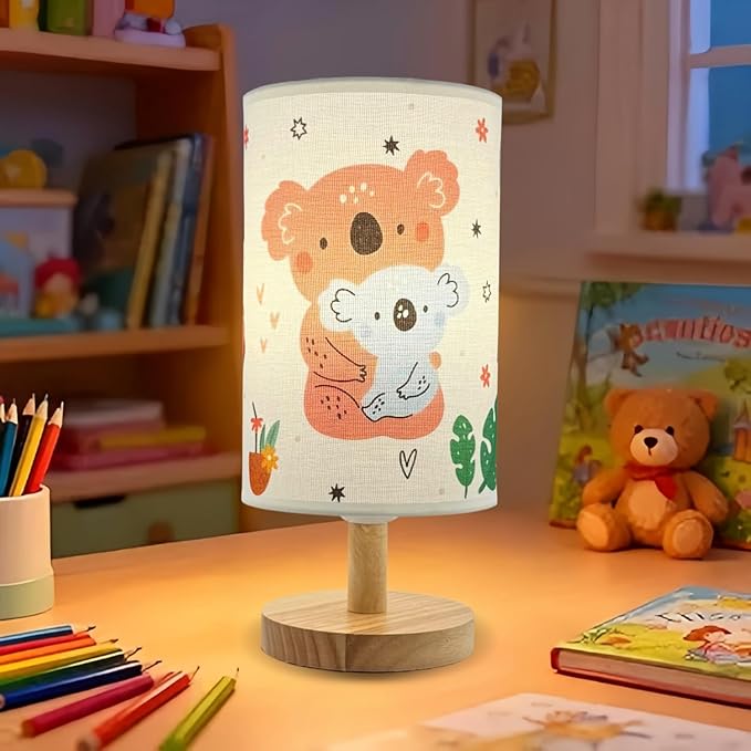 Kids Table Lamp for Girls Bedroom Nightstand Lamps, Christmas Gift for Girl-3Color Modes LED Cartoon Bedside Night Light with Koala Bear Lampshade and Wood Base, Desk Lamp for Kids room/Living Decor