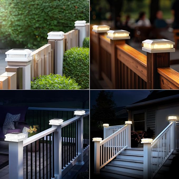 12-Pack Solar Post Cap Lights Outdoor, Waterproof Solar Powered Fence Post Lights for 4x4 4.5x4.5 5x5 Vinyl/Wooden, White Outside 16LEDs Warm/Cool Lighting Deck Light for Garden, Patio, Porch