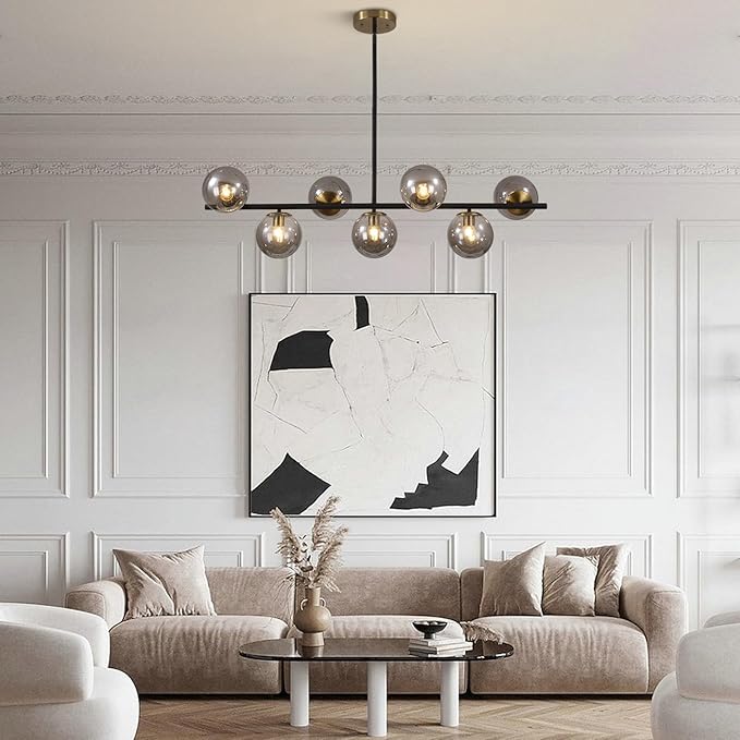 KCO Lighting Black and Gold Linear Kitchen Pendant Lighting Mid Century Modern Chandelier 7-Light Smoke Glass Globe Round Chandelier Vintage Long Dining Room