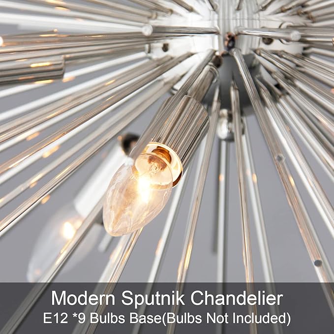 20" Modern Nickel Sputnik Chandelier 9-Light Starburst Chandelier Light Fixture Vintage Framhouse Chrome Solid Metal Sputnik Chandeliers for Dining Room, Living Room, Bedroom, Kitchen, E12