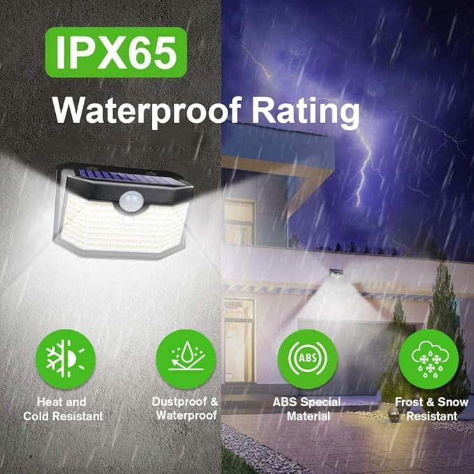 HMCITY 120 LED Outdoor Solar Lights with Motion Sensor and 3 Lighting Modes, IP65 Waterproof Wide Solar Wall Lights Ideal for Garden Patio Yard (Front Button 2Packs, Daylight White, 6500K)
