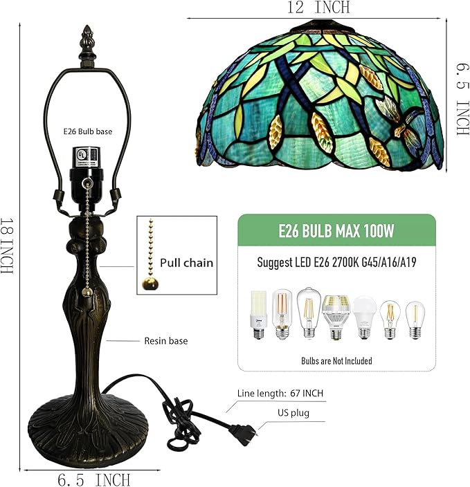 Tiffany Lamp Stained Glass Table Lamp 12” x 19” Wheat Ear Dragonfly Style Decorative Lamp Bedside Reading Lamp for Desk Living Room Bedroom Office Study Light Home Decor Gift