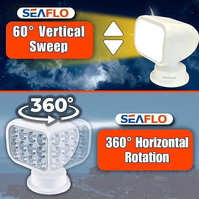 SEAFLO 360° Rotating Remote Control LED Searchlight, 10-30V, Auto-Reset, IP66 Waterproof, Marine Spotlight for Boats, Truck, Vehicles, CE & Rohs Certified (Wired Remote/White//Warm Light 2700K)