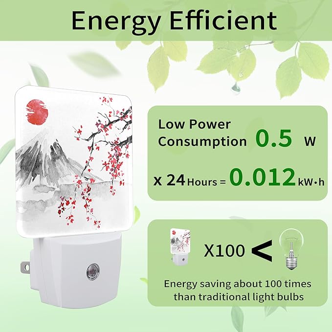 Japanese Mount Fuji Cherry Blossoms Night Light, Japanese Night Light Plug into Wall with Dusk to Dawn Sensor, LED Lamp Energy Saving Lights for Men Women Boys Girls,Lamp for Bedroom Bathroom Hallway