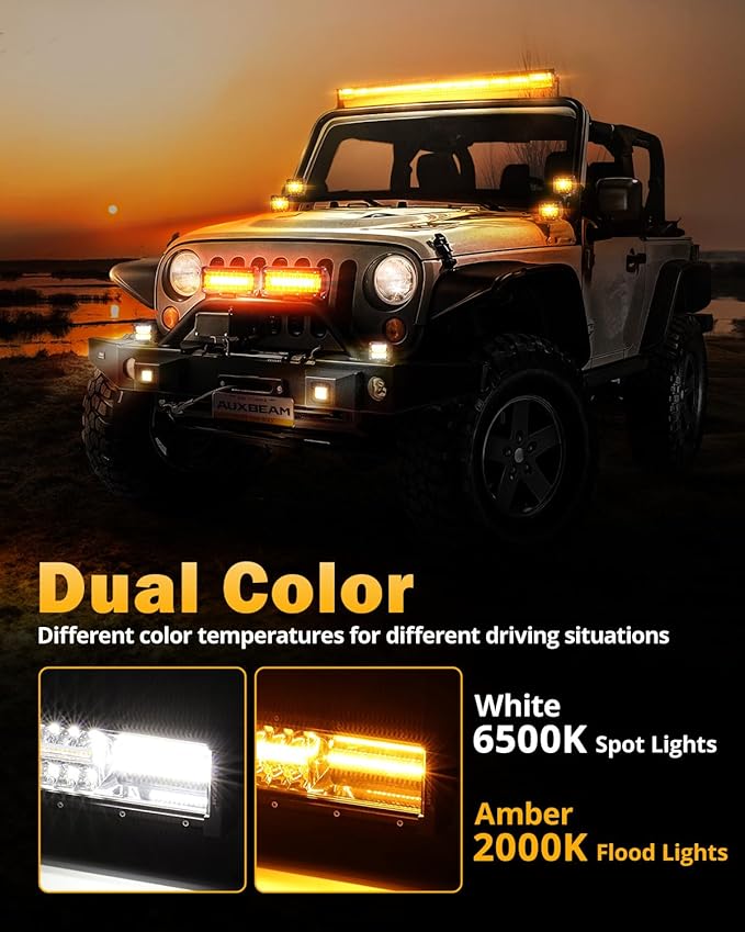 Auxbeam 6 Modes Amber White Series, 22" LED Light Bar with 3" LED Pods Combo Set, Dual Color Flashing Strobe Offroad Lights, Spot Flood Combo Cube Off Road Fog Lights, 3 Packs