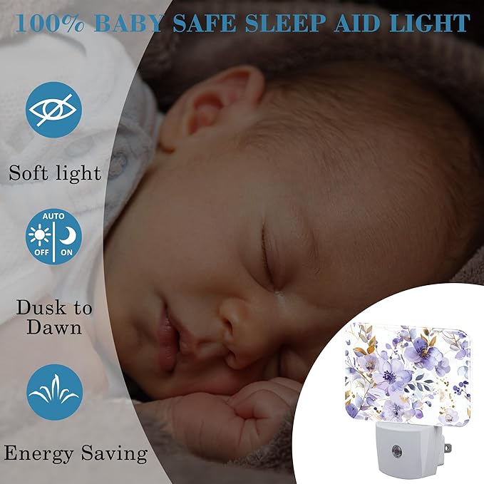 Elegant Purple Flowers Night Light, Watercolor Flowers Nightlight Plug into Wall with Dusk to Dawn Sensor for Kid Girls Boys Women Men Bedroom, Hallway, Kitchen, Bathroom, Stairs Decor