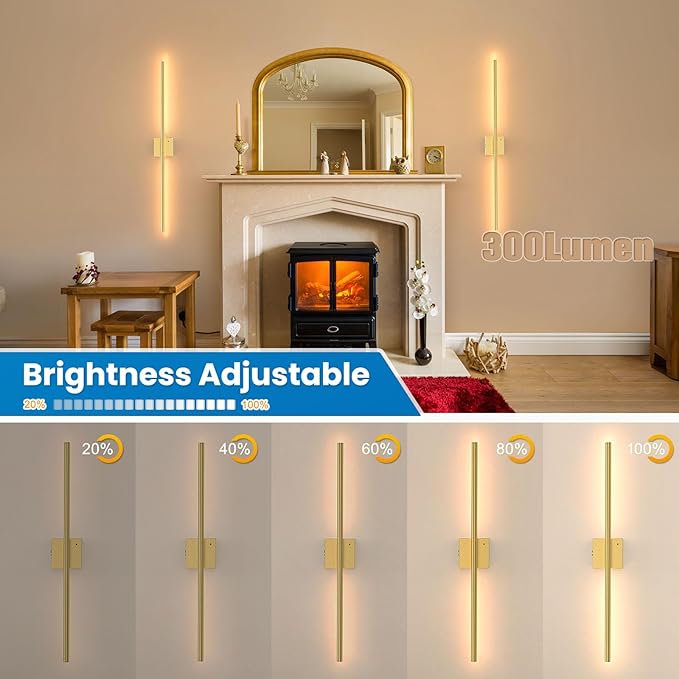 NIORSUN 35 Inch Battery Operated Wall Sconce Set of 2, 360° Rotation Gold Rechargeable Wall Lights with Detachable Tube and Remote, 3CCT Dimmable Wireless Wall Lamp for Living Room Bedroom Hallway
