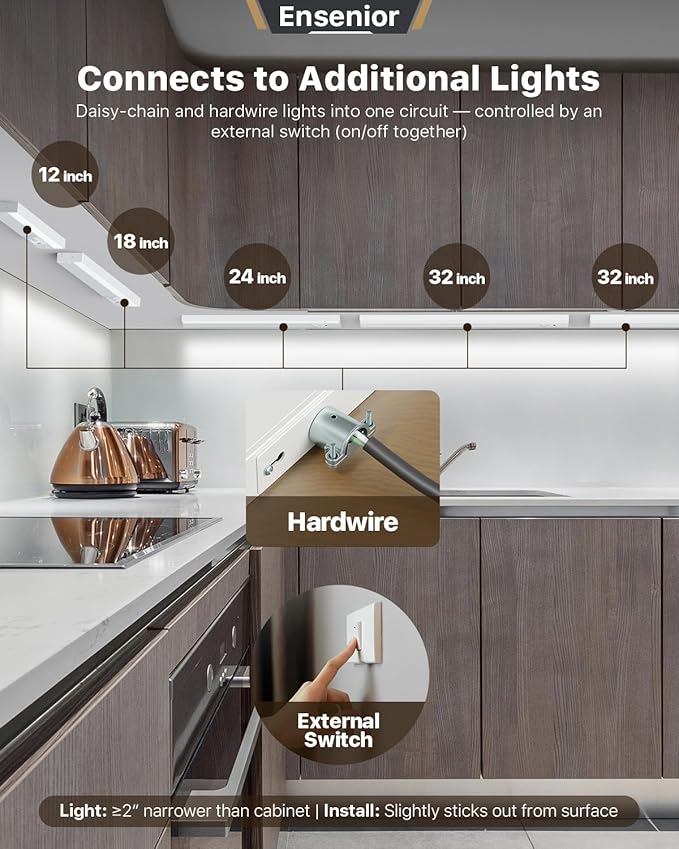 Ensenior 12 Inch LED Under Cabinet Lighting Hardwired, 5CCT, 8W 500LM, 2700K/3000K/3500K/4000K/5000K, Wired Under Cabinet Lights, Dimmable Under Counter Lights for Kitchen, FCC, 1 Pack