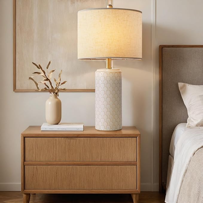 23" Ceramic Table Lamp Set of 2, Modern Farmhouse Bedside Lamps for Bedroom, White Nightstand Lamps for Living Room, Rustic End Table Desk Lamps with Rocker Switch, Home Office Décor