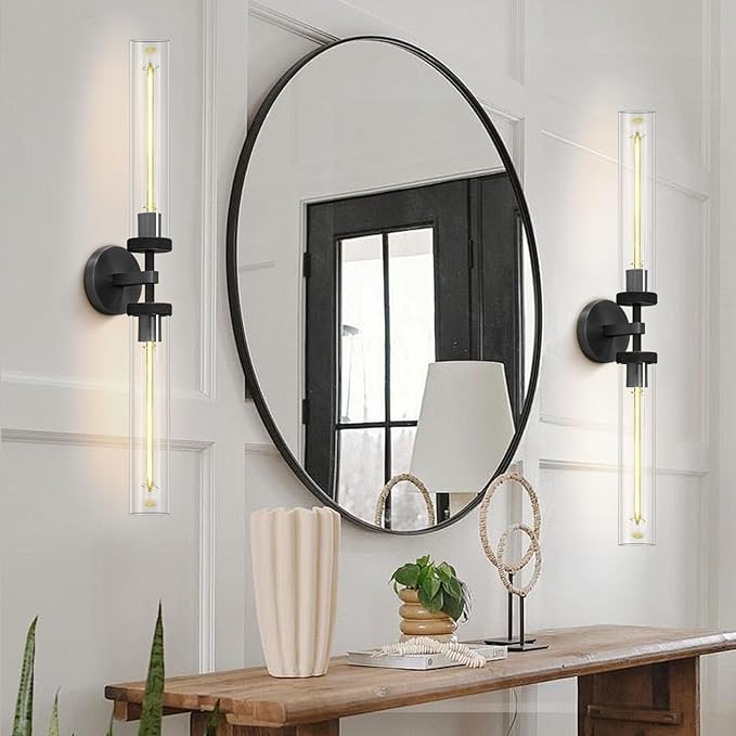 Black Wall Sconces Hardwired, 30" Bronze Wall Sconce for Bathroom, Linear Sconces Wall Lighting, 2-Light Knurled Wall Sconce Dimmable, Vanity Light with Tube Glass, Bathroom Light Fixtures over Mirror