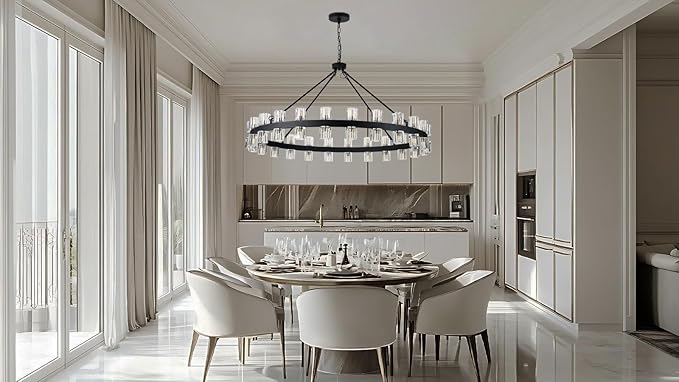 48 Inch Black Wagon Wheel Chandelier with Crystal Shade, 48 Lights, Modern Farmhouse Style, Ideal for Dining Room, Kitchen, Entryways