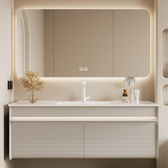 48IN Floating Bathroom Vanity - Modern Freestanding Bathroom Vanity Set with Ambient Light Intelligent Mirror Cabinet & Large Capacity Storage | Bathroom Sink Cabinet with Intelligent Defogging