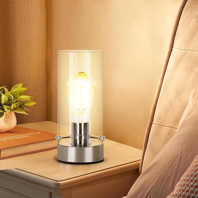 Table Lamp for Bedroom, Bedside Modern Nightstand Lamp with Glass Lamp Shape, 2700K 6W Glass Bulb Included(Chrome).