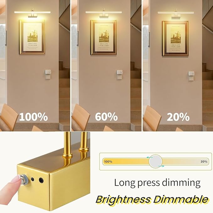 FUNCHDAY Picture Light Wireless, Rechargeable Gallery Light Battery Operated, 280LM Dimmable Art Lighting with Remote, 16" Metal Picture Lights for Wall, Paintings, Portrait, Photo (Brass)