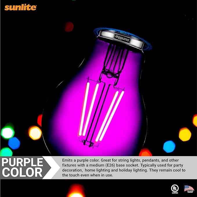 Sunlite 40945 LED Colored Filament A19 Light Bulb, 4.5 Watts, Medium E26 Base, 120 Volts, Transparent Purple, Dimmable, 320 Degree Beam Angle, UL Listed, 6 Count