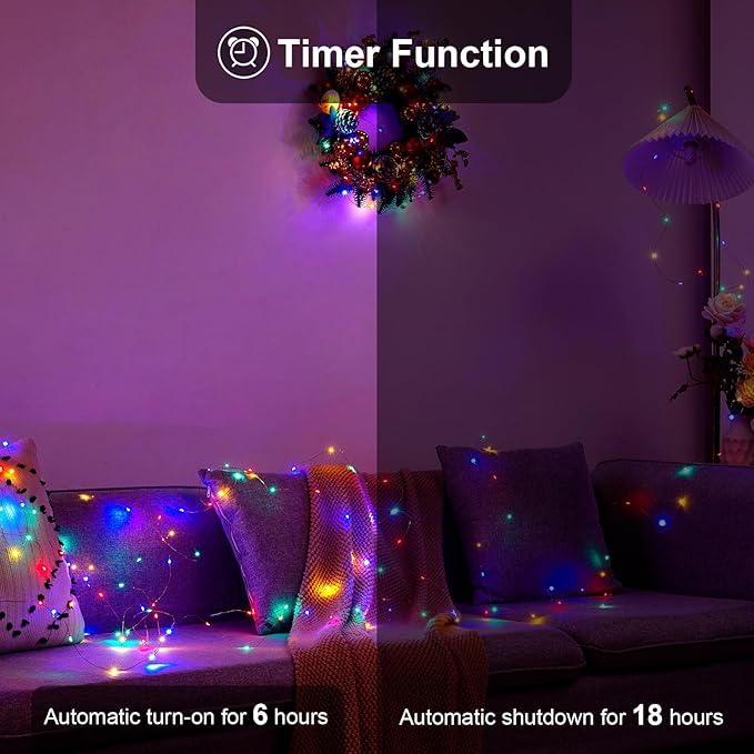 1 Pack 16.4ft Battery Operated String Lights with Timer, Multi Color with Synchronized Twinkle Mode, Fairy Lights Battery Powered, 50 LED, Idea for Christmas Bedroom Party Wedding