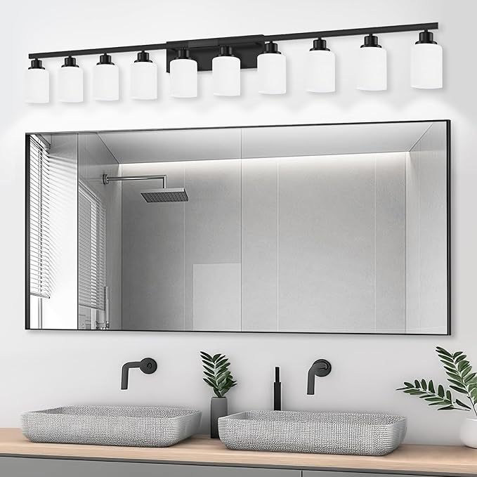 10 Light Bathroom Vanity Lights Over Mirror, 65.4 inch Black Vanity Lights Fixtures with White Glass Shades Matte Black Modern Vanity Lights Black Bathroom Wall Lighting for Mirror Bedroom