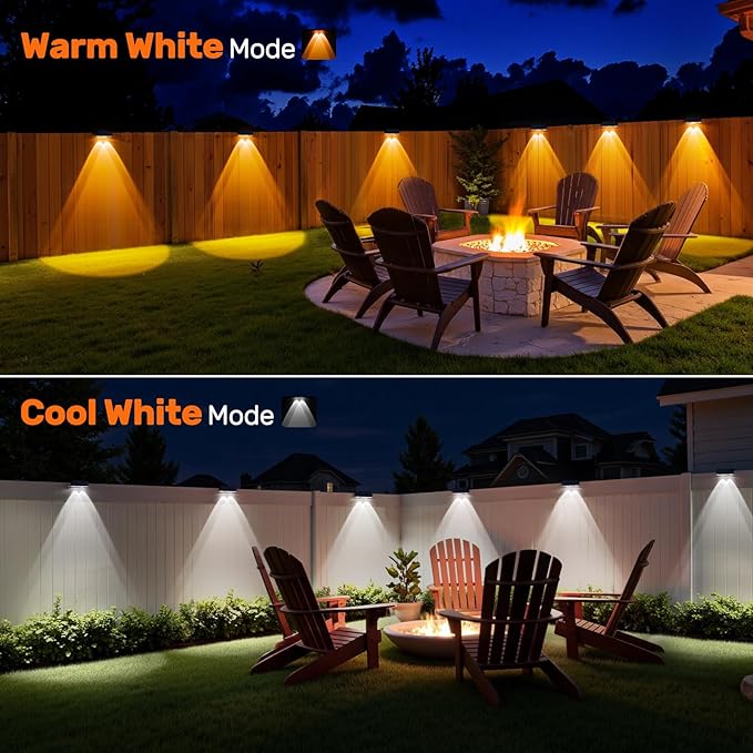 NIORSUN 12 Pack Solar Fence Lights, LED Outdoor Lights, Warm White + RGB, IP45 Waterproof, Black