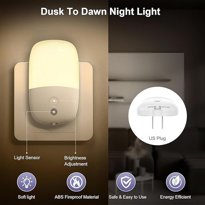 Night Lights Plug into Wall, Dimmable, with On Off Switch Led Night Light Plug in, Automatic Dusk to Dawn, 0.5W, 3000K Soft Warm, for Adults Kids Room Bedroom Bathroom Hallway Kitchen