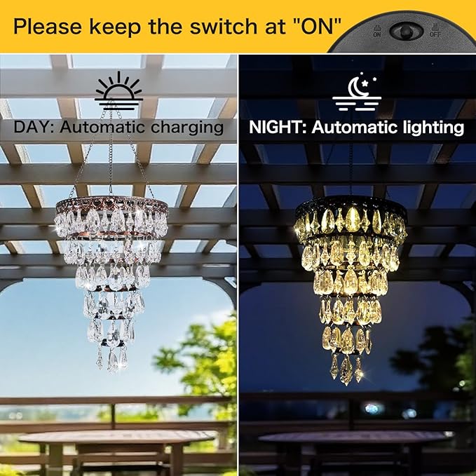 Solar Hanging Crystal Chandelier Outdoor Garden Decorative Lights One Bright WarmLED and 5ft LED Strip Waterproof Hanging Lantern for Christmas,Garden, Yard, Patio, Gazebo, Party, Wedding 6 Tier