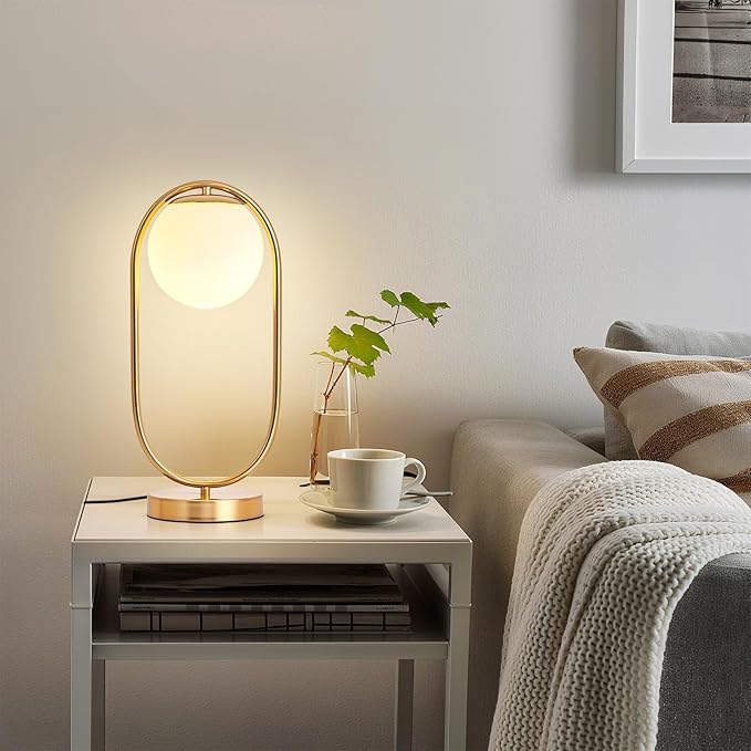 NKU Mid Century Modern Table lamp Luxury Bedroom Bedside Night Light Boho Vintage Glass Globe Table lamp with Led for Farmhouse Office Desk lamp