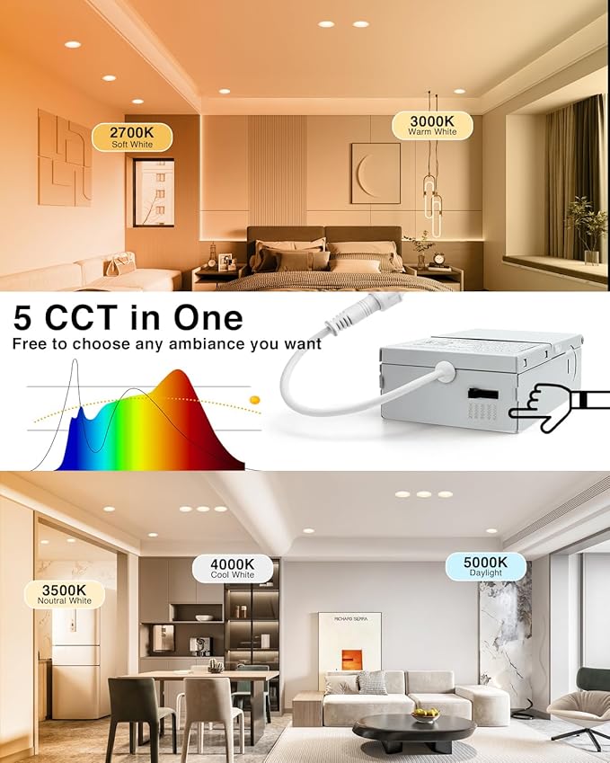 Adetu 4 Inch Anti-Glare LED Downlight,Dimmable Ceiling Light with 5CCT Reset,Selectable from 2700K to 5000K - 12W 1080LM, ETL Certified (White, 6 Pack Round)