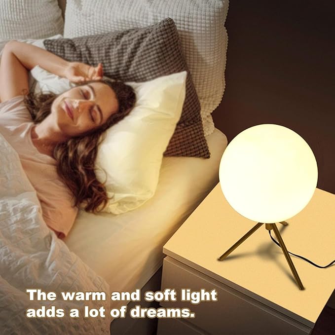 Gold Table Lamp Glass Globe Table Lamp Mid Century Modern Bedside Lamp Small Nightstand Lamp Milk White Desk Lamps for Bedroom, Living Room, Study Room