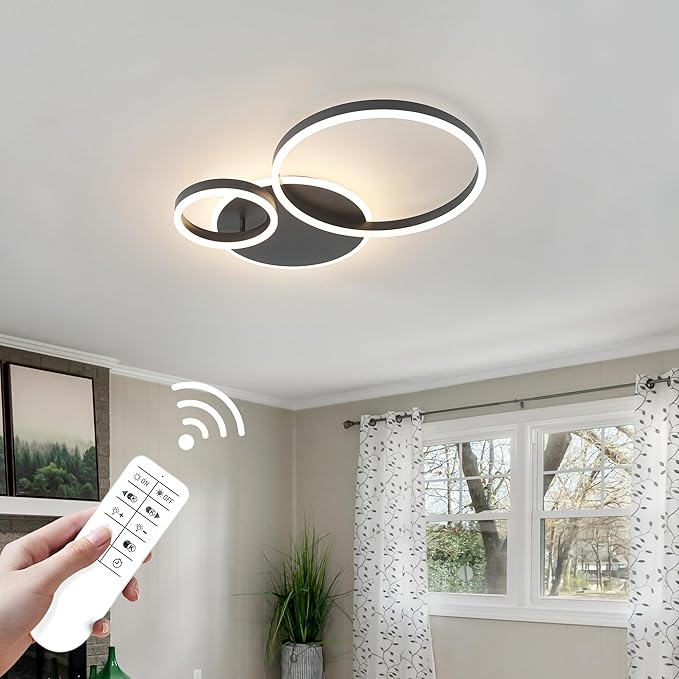 O'NEELDY Modern Dimmable LED Flush Mount Ceiling Light Remote Control Acrylic Ring Chandelier, 48W 3000K-6000K Adjustable, Black Fixture for Bedroom, Living Room, Dining Room, Kitchen and Hallway