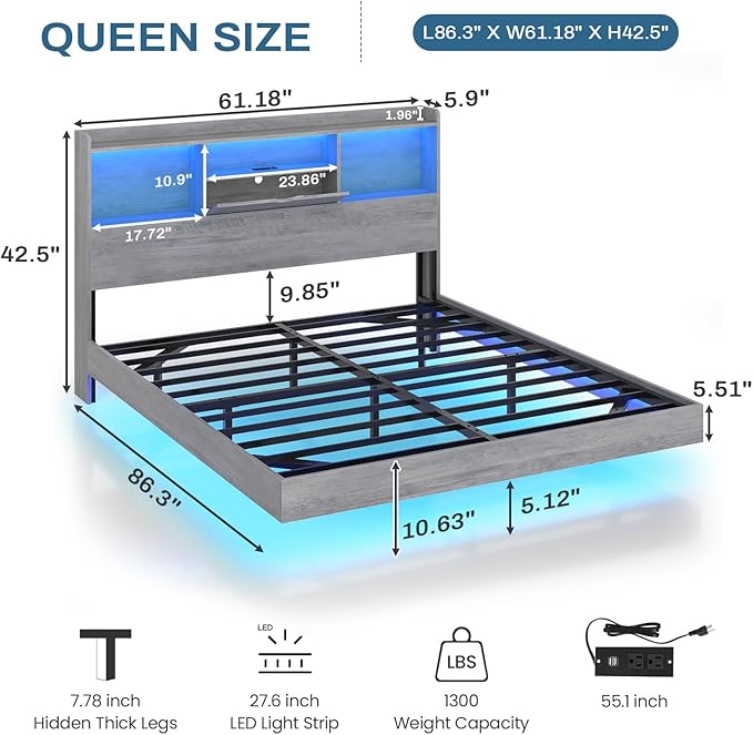 DICTAC Queen Floating Bed Frame with LED Lights and Headboard Storage, Visual Floating Bed with Charing Station, Queen Size Metal Platform Bed with Stable Structure, No Box Spring Need, Easy Assembly