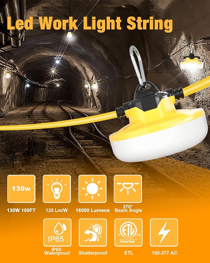100FT LED Construction String Lights 3 Prong, 130W 16000Lm LED String Work Lights, 5000K Daylight Temporary Lighting for Construction Sites, Jobsite, Renovation, Mine Cave, UL Listed