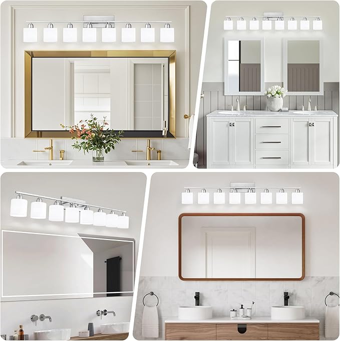 Brushed Nickel Light Fixture Bathroom for Huge Mirror, 8 Light Mirror Lights with Milky White Frosted Glass Shades, 51 inch Bathroom Mirror Lights for Mirrorss, E26 Socket