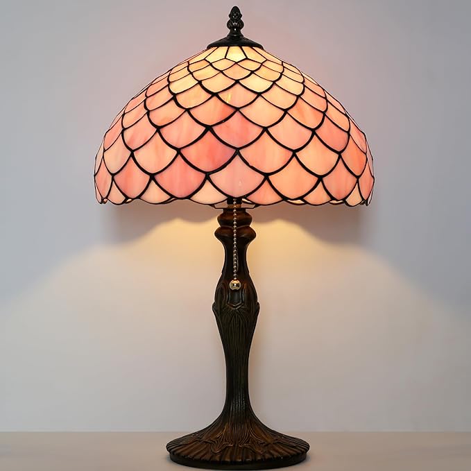 Tiffany Lamp Stained Glass Table Lamp 12” x 19” Pink Fish Scales Style Decorative Lamp Bedside Reading Lamp for Desk Living Room Bedroom Office Study Light Home Decor Gift