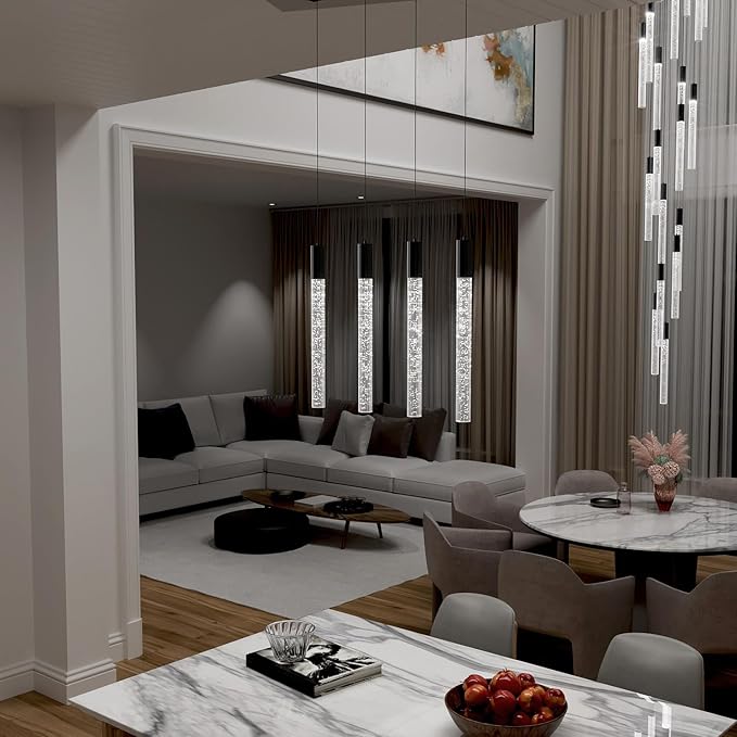 Modern 4-Light Crystal Pendant Chandelier – Rectangular Black LED Ceiling Light with Cylindrical Crystals for Staircase, Foyer, Living Room, Hallway, Bedroom