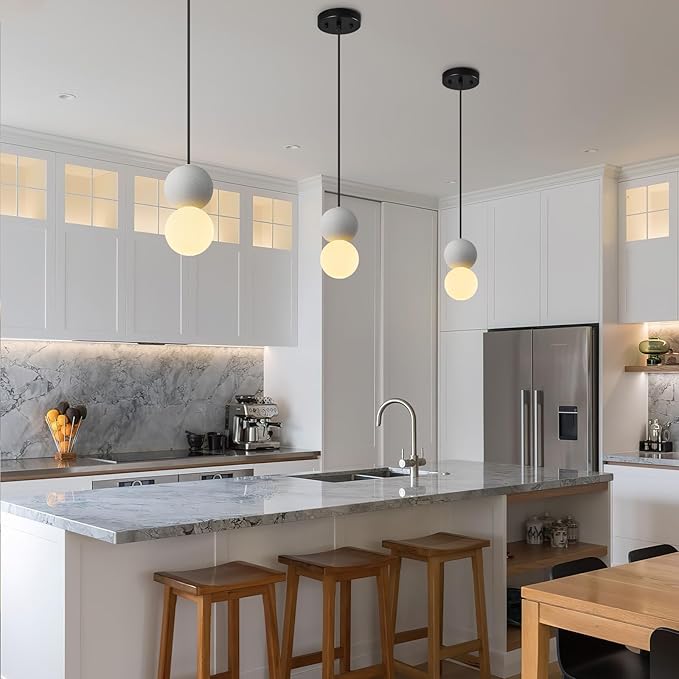 Modern 1-Light Concrete Pendant Light Kitchen Islandceiling Light Fixture White Glass Globe Ball Pendant Lighting for Dining Room Coffee Club Resturant Bar Living Room(1-Pack)