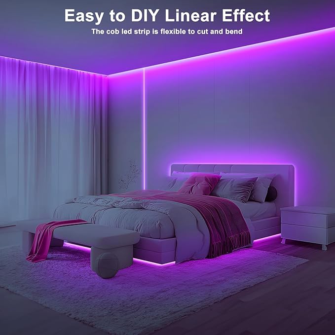 32.8ft Purple COB Led Strip Lights with Remote, Dimmable Bright Dotless Adhesive Indoor Led COB Light Strip for Cabinet, Painting, Room, Bed