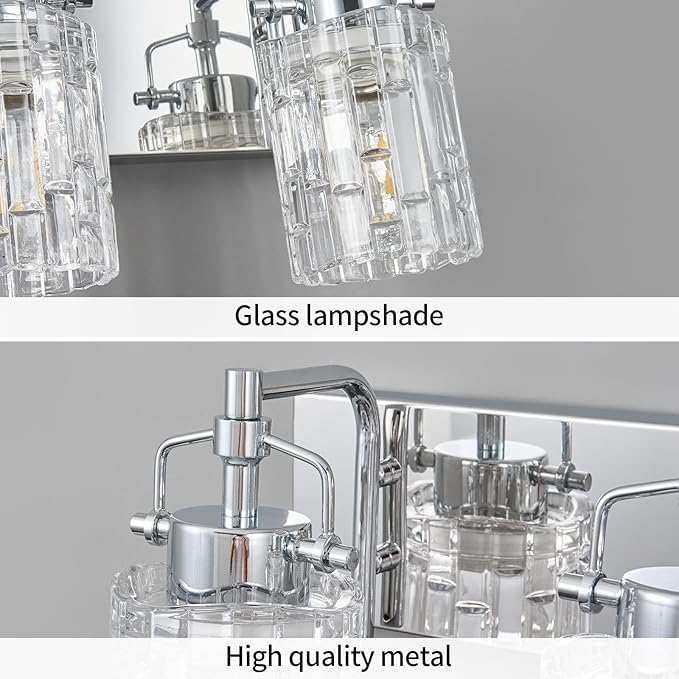 Modern 4-Light Vanity Light with Crystal Glass Shade - Chrome Bathroom Light Fixtures Over Mirror