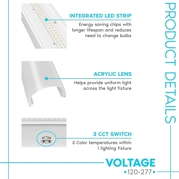 LUXRITE 3FT LED Strip Light Fixture, 25W, 3450 Lumens, Linear Shop Light, 3 Color Selectable 3500K-5000K, 0-10V Dimmable, Damp Rated, Flush Mount Ceiling Light, UL Listed - Garage, Workshop