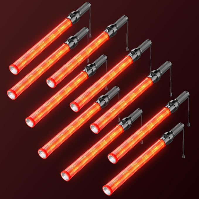 RoadHero 10 Pack Traffic Wand, 21 Inch Led Traffic Control Baton, Night Safety Light Wands with 3 Flashing Modes, Air Marshaling Signal Wand Plus White LED on Tip for Airport, Parking, Car Directing
