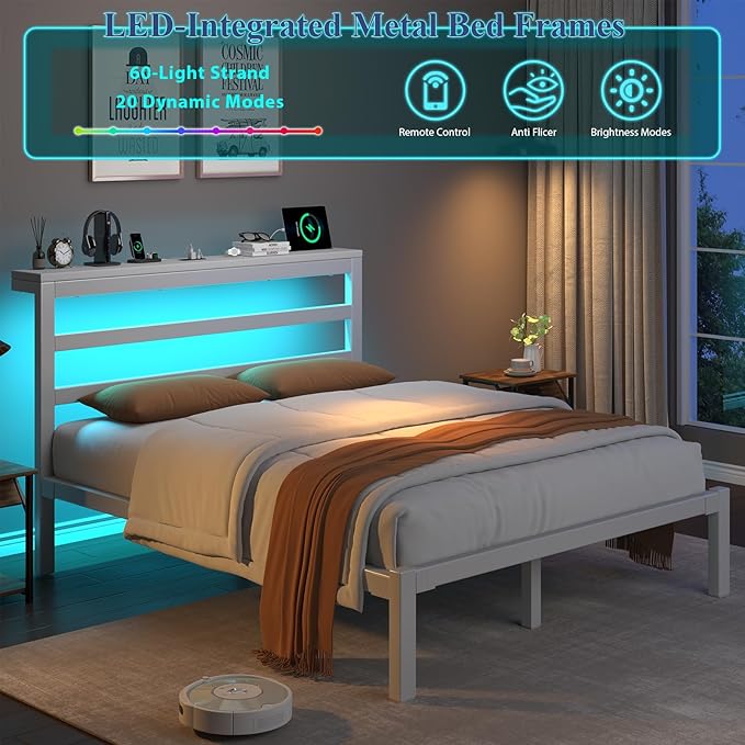 Queen Size Bed Frame with Storage Headboard, Industrial Platform Bed with Charging Station and LED Lights, Underbed Storage Space,Easy Assembly,No Box Spring Needed,Modern, White