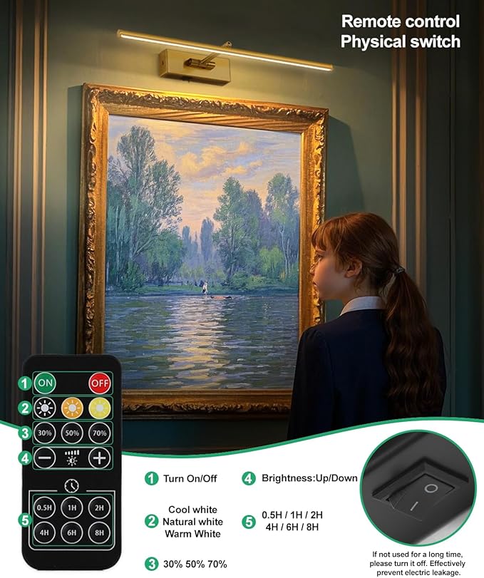 Battery Operated Picture Light with Wireless Remote 3CCT Dimmable Gold Wall Art Lights for Paintings 3 Color Rechargeable cordless decor Gallery Light 16’‘ Artwork Lighting for Canvas Timer Function