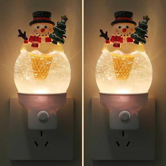 2 Pack Christmas Night Light Plug into Wall Glitter Water Nightlight with USB/Outlet Options, Christmas Snowman Ice Cream Decorative Nightlight for Holiday Decorations Gifts (Snowman Ice Cream)