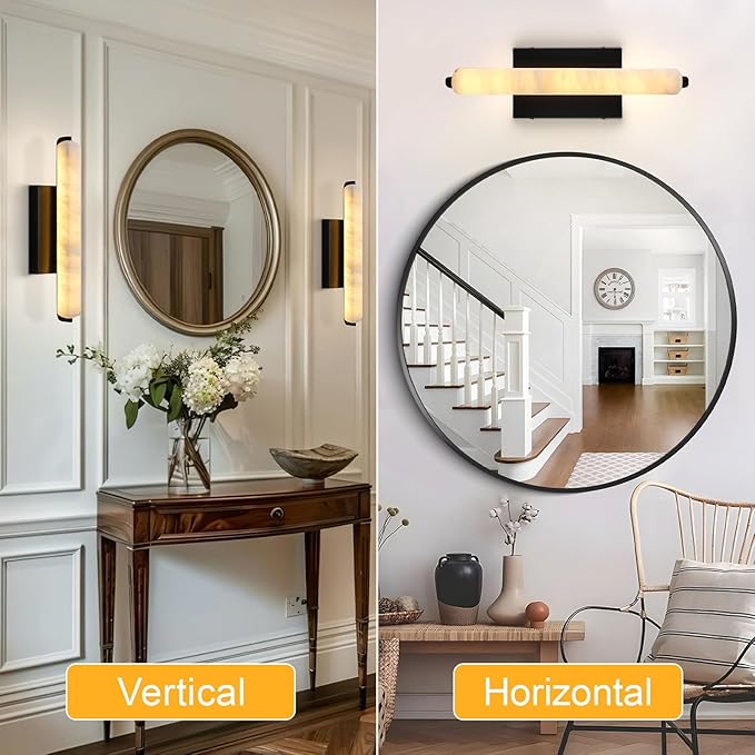 Alabaster Wall Sconces, 15in Black Alabaster Sconce, Modern Spanish Natural Marble Sconces Lights, Rectangle Sconces for Bathroom Vanity Bedroom Living Room Staircases Hallway
