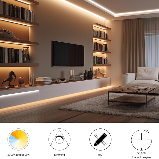 CCT COB LED Strip Lights, 49ft Dimmable 2700K-6500K 24V Tunable White LED Light Strip Kit, High Density CRI 90+ LED Strips with Remote Controller and Power Supply, for Bedroom Kitchen Home Lighting