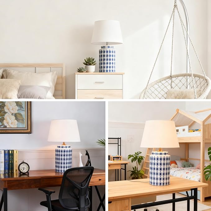Radiya Modern Ginger Jar Ceramic Blue and White Bedside Table Lamp, American Minimalist Bedroom Lighting Decor Desk Lamp, with Linen Fabric Lampshade, for Living Room Home Office Desk Bedside Table